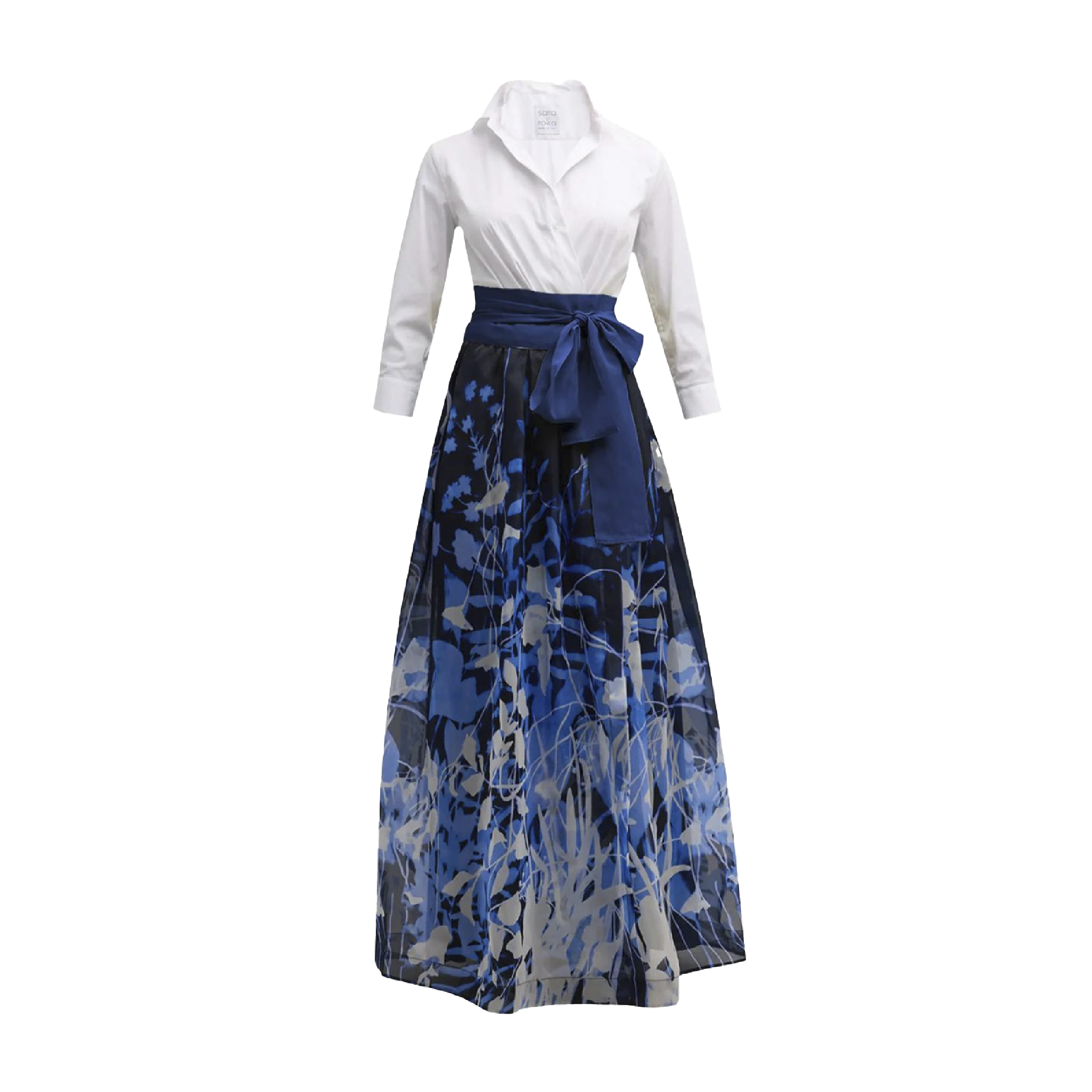 Dress with a white shirt top and a royal blue maxi skirt